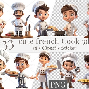 Può includere: 33 chef francesi di cartoni animati, carini, in varie pose, con cappelli da chef bianchi e che tengono utensili da cucina. Alcuni tengono piatti di cibo, mentre altri tengono spatole e fruste. Gli chef sono tutti sorridenti e sembrano felici. Lo sfondo è un motivo a scacchiera trasparente.