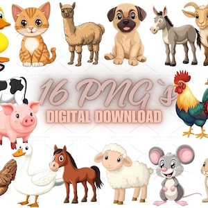 16 süße Bauernhoftiere PNG | Cartoon Barnyard Clipart für Kinderzimmer, Kinderzimmer Wandkunst, Party Einladungen & Kunsthandwerk | 8S-18