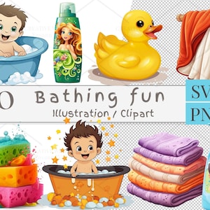 20 Bathing Fun Clipart Bundle for POD | Cute Baby Bath Time Illustrations with Duck, Towels & Soap | PNG SVG Digital Download | 896