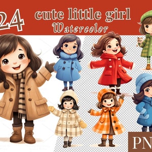 24 Cute Little Girl PNG Watercolor Clipart Winter Outfit Girls Illustrations for Kids Crafts Scrapbooking Cards and Wall Art | 757