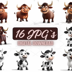 16 imágenes JPG de vacas y toros de dibujos animados: adorables imágenes prediseñadas de animales de granja para manualidades infantiles, tarjetas de cumpleaños, decoración de pared para guarderías y proyectos imprimibles / 1T-9
