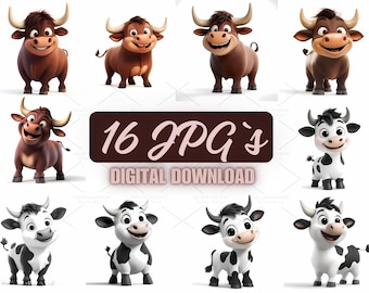 Cartoon Kuh & Stier Clipart - 16 Bauernhof Tiere JPGs (Digitaler Download)