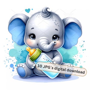 Paquete de imágenes prediseñadas de elefante bebé con biberón: 10 imágenes de alta calidad, decoración de guardería, archivos JPG, impresiones digitales, descarga digital / 1S-45