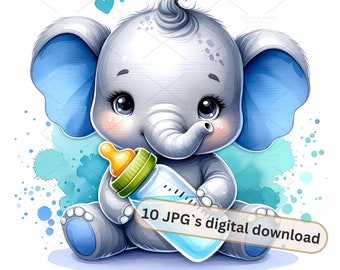 Baby Elephant Clipart Bundle | Cute Cartoon JPG Illustrations (Digital Download)