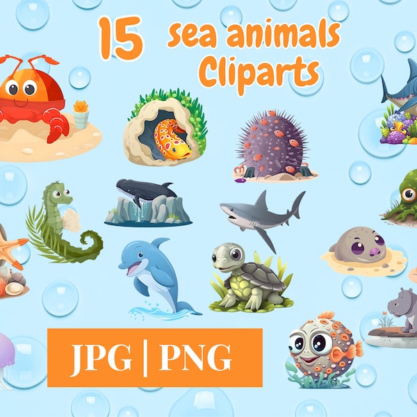 Sea Animal Clipart Set - Cute Underwater Creatures PNG - Ocean Life Graphics - Digital Scrapbooking Elements, Sticker, Ornament