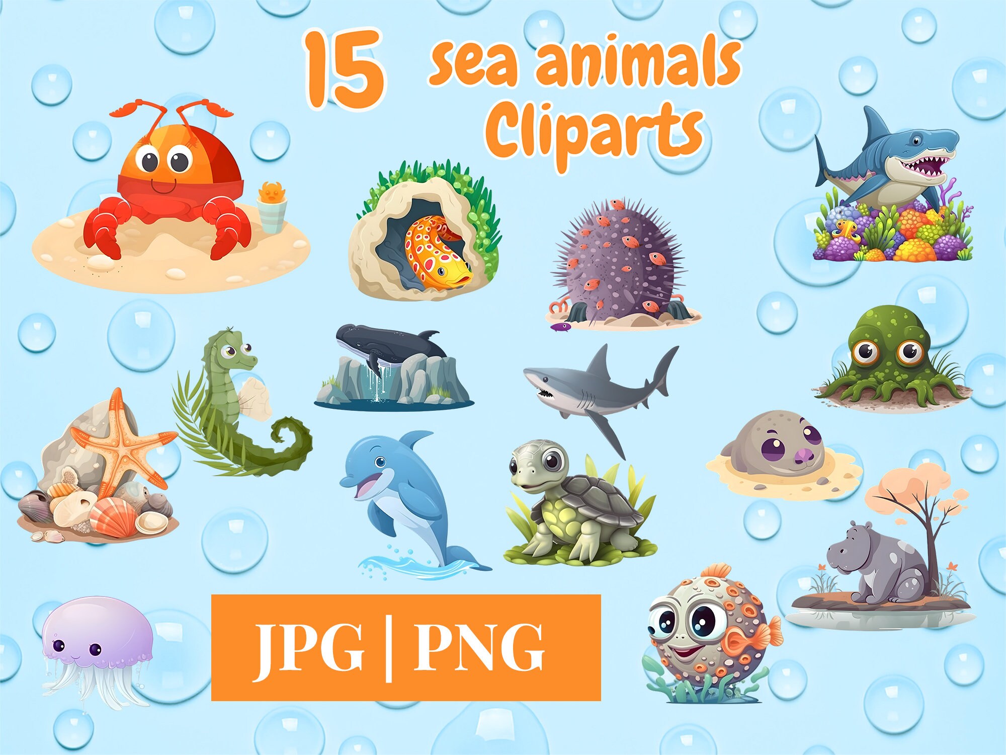 Sea Animal Clipart Set Cute Underwater Creatures PNG Ocean Life ...