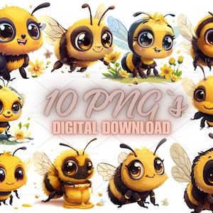 10 Cute Honey Bee PNGs – Kawaii Cartoon Bees with Flowers and Honey Pots for Stickers, Nursery Wall Art, Crafts & Spring Decor | 5S-34