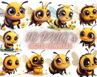 Clipart de abejas lindas – Dibujos animados kawaii PNG (Descarga digital)