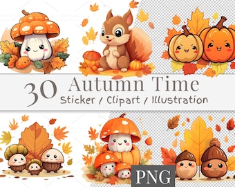 30 Autumn Time, (Digital Download), Kawaii Pumpkins Mushrooms Squirrel, Fall Leaves, PNG | 825