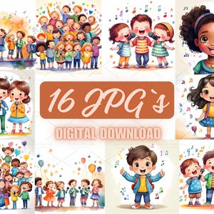 Ilustración de un grupo de niños cantores, póster imprimible de un coro de niños para guarderías y habitaciones infantiles, uso comercial / 1T-2