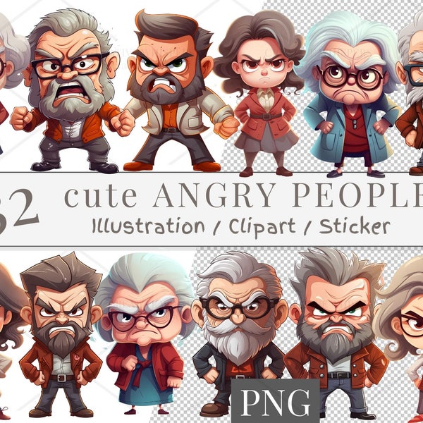 32 Digital cute angry People Clip Art Set, cute angry People Sticker, sublimation design, sublimate angry People, sublimation sticker