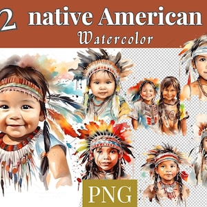 Könnte beinhalten: 32 Aquarell-Illustrationen von indianischen Kindern, die traditionelle Kopfbedeckungen tragen. Die Illustrationen sind in einem lebendigen, farbenfrohen Stil gehalten und zeigen eine Vielzahl verschiedener Kopfbedeckungen und Gesichtsausdrücke.