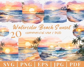Watercolor Beach Sunset Clipart: 20 PNG SVG Graphics (Commercial Use)