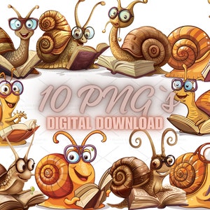 Escargot mignon avec livre drôle, ensemble d'illustrations de cliparts - 10 PNG -, tenue d'un journal, créations en papier, cartes de voeux, scrapbooking, chambre de bébé | 4S-44