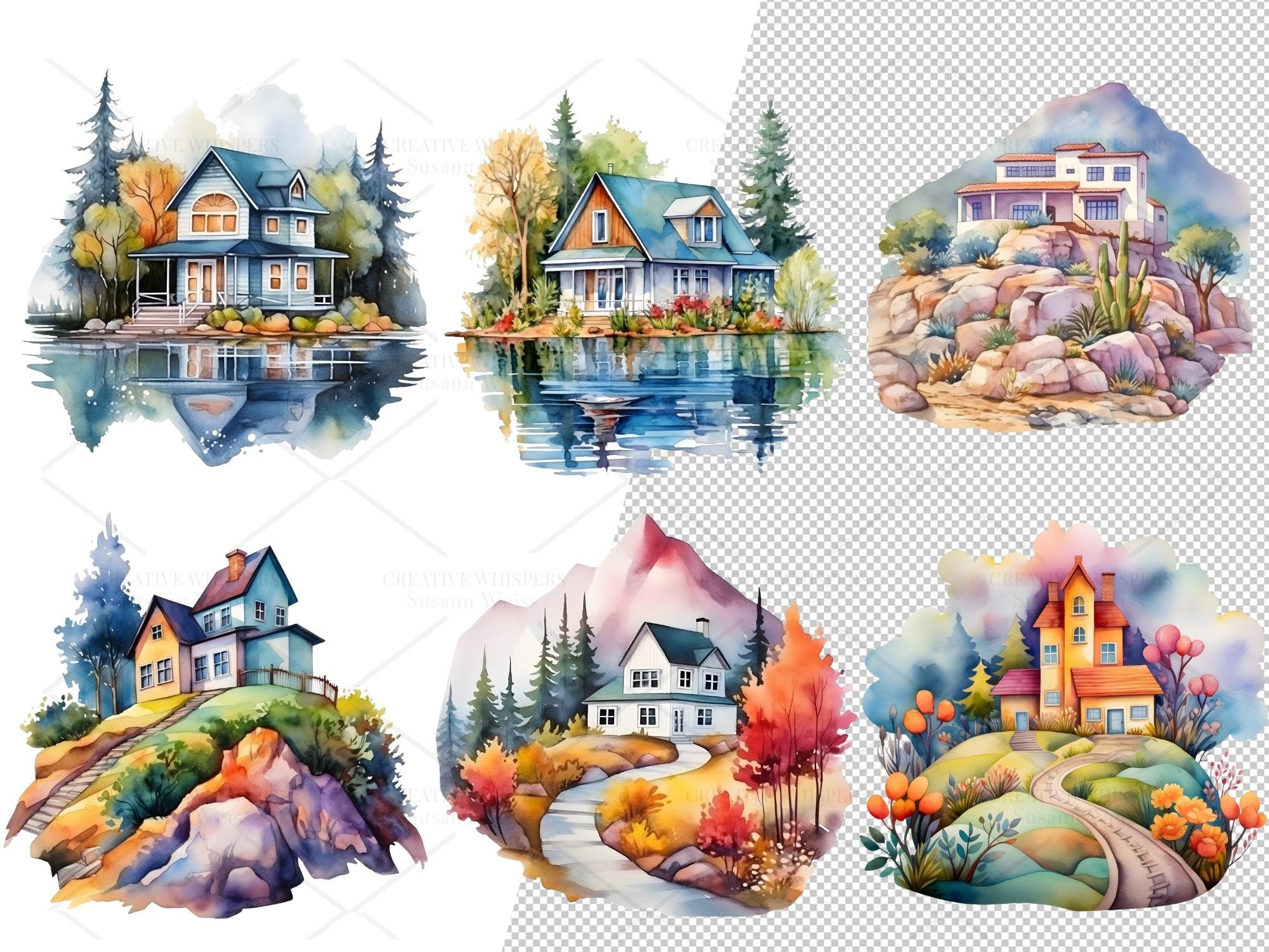 Watercolor House Clipart Bundle – 44 Cabin & Cottage PNG Files (digital ...