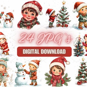 24 Weihnachten Cliparts für Kinder – süße Kinder mit Schneemann und Baum | Winter Urlaub Illustration für Karten, Kunsthandwerk & POD | 10S-17
