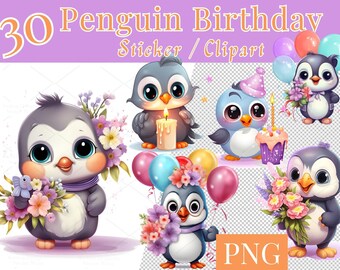 May include: A set of 30 penguin birthday stickers and clipart. The penguins are cartoon-like and are holding flowers, balloons, and a birthday cake. The image includes the text "30 Penguin Birthday Sticker/Clipart PNG".