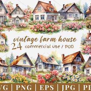 24 Vintage Farmhouse Clipart Bundle – Country Cottage House PNG SVG for Wall Art, Planner, Scrapbook & POD Use | 975