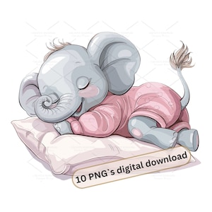 Cute baby Elephant in Pajamas Illustration Clipart Bundle- 10 High Quality PNGs-, Paper Craft, greeting cards, Scrapbook Supply, | 1S-93