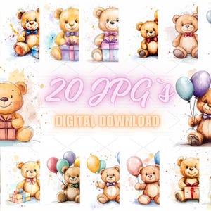 20 süße Teddybär mit Luftballons und Geschenkbox - Perfekt für Geburtstagsdekor oder Einladungen, kommerzielle Nutzung, sofortiger digitaler Download | 10S-4