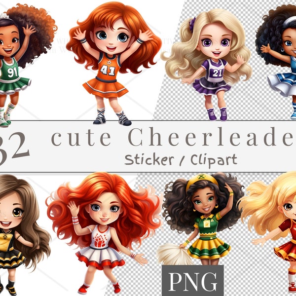 32 Digital cute Cheerleader Clipart Set, cute Cheerleader Sticker, sublimation design, sublimate Cheerleader, sublimation sticker