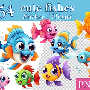 54 cute Fish Clip Art Set, cute Fish Sticker, Fish colorful PNG for Laptops and Scrapbooking, sublimation design, sublimate fish | 760