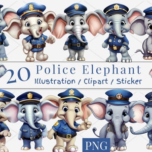 Puede incluir: Veinte ilustraciones de elefantes de policía de dibujos animados en varias poses. Los elefantes llevan gorras y uniformes de policía azules. Las ilustraciones son adecuadas para usar como clipart o pegatinas.