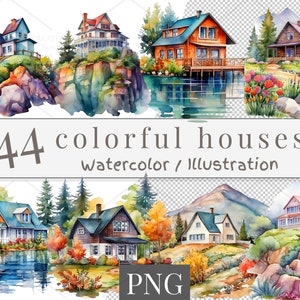 44 Clipart di case ad acquerello - File PNG di casette e cottage colorati dipinti a mano per sublimazione, biglietti e decorazioni per la casa / 769