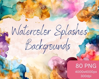 80 Vibrant Watercolor Splashes, Watercolor Splatter for Background digital Set PNG - 697