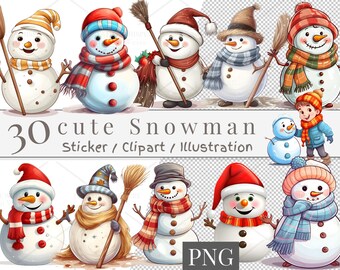 30 Snowman Clip Art Set, (Digital Download), Winter Watercolor Snowmen | 773