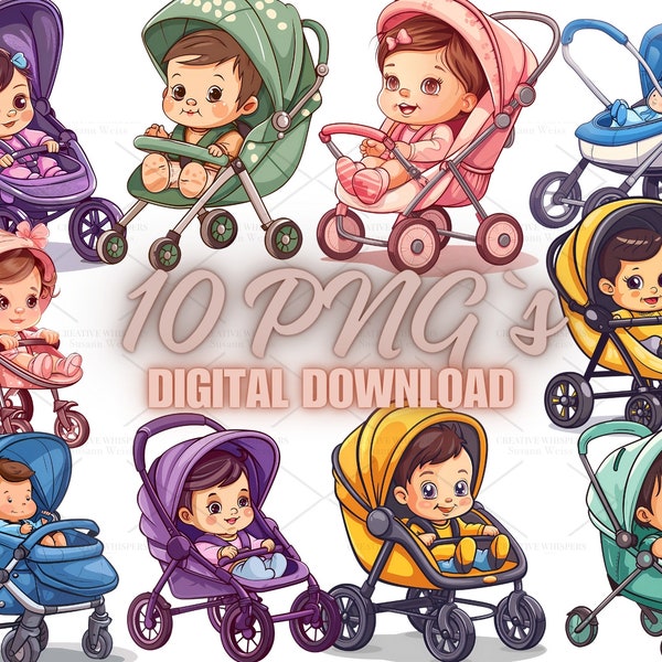 Stroller with baby Illustration, Clipart Bundle- 10 High Quality PNGs-, Journaling, Paper Craft, greeting cards, Scrapbook, Nursery | 5S-1