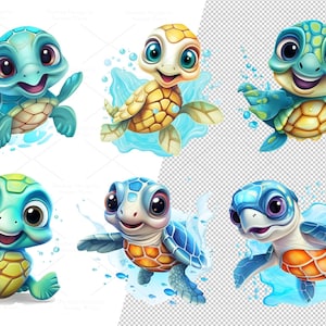 24 Digital Cute Sea Turtle Clip Art Set, Cute Sea Turtle Sticker, Cute ...