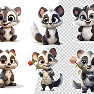 May include: Six cartoon skunk illustrations with different poses and expressions. The skunks are black and white with a white stripe down their backs. Some skunks are holding flowers.