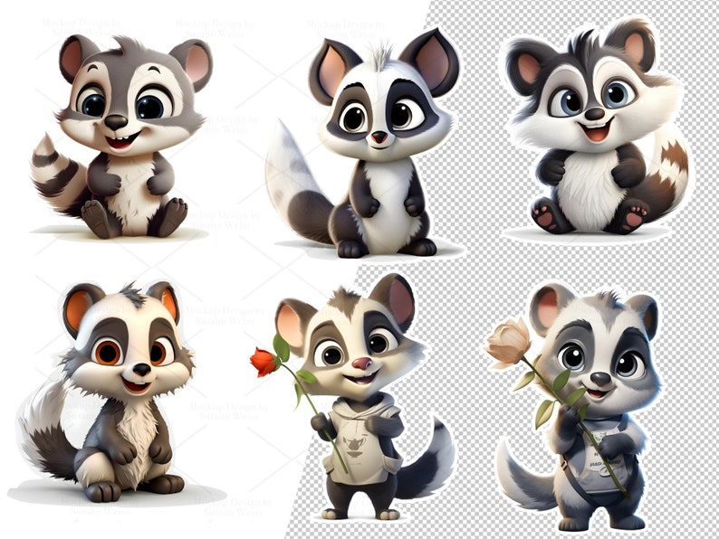 May include: Six cartoon skunk illustrations with different poses and expressions. The skunks are black and white with a white stripe down their backs. Some skunks are holding flowers.
