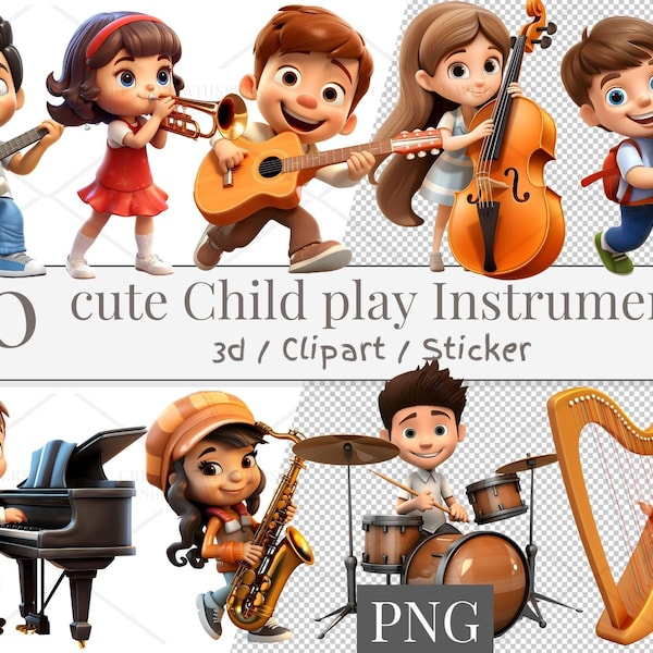 30 Digital 3d cute child play an instrument Clipart Set, Sticker, sublimation design, sublimate child play an instrument, Ornaments