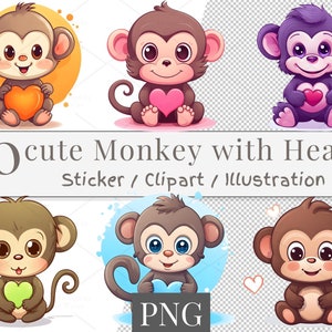 30 Cute Monkey Clipart PNG Cartoon Monkey With Heart Sticker Jungle Animal Baby Monkey Illustration Digital Download | 822