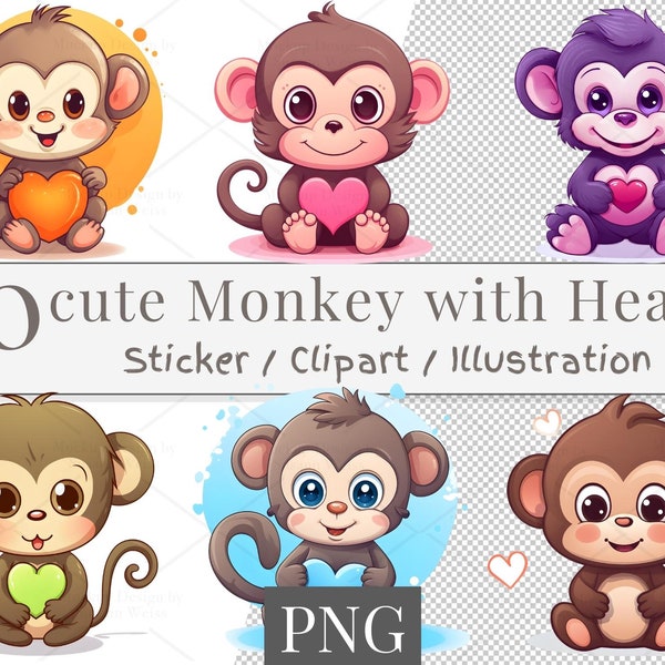 30 Digital cute monkey Sticker Clip Art Set, cute monkey Sticker, sublimation design, sublimate monkey Sticker, sublimation sticker