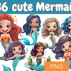 36 Cute Mermaid PNGs – Adorable Cartoon Mermaids Clipart for Kids Birthday, Underwater Party, Stickers, Crafts & Invitations | 714