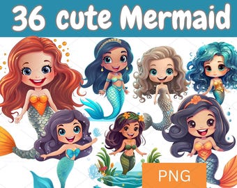 Cute Mermaid Clipart – 36 Cartoon PNGs for Kids Crafts (Digital Download)