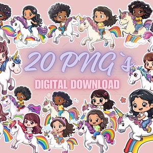 Autocollant fille chevauchant une licorne, lot de 20 images PNG de haute qualité, tenue de journal, créations en papier, voeux, scrapbooking, travaux manuels pour chambre d'enfant | 9S-1
