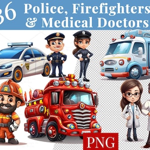 Job Clipart Set: Police, Firefighters, Doctors (PNG Digital Download)