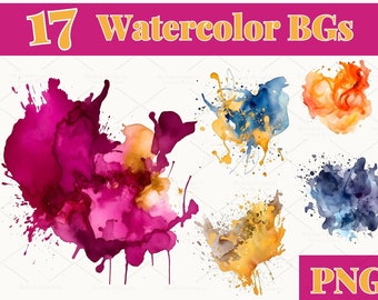 Vibrant Watercolor Splashes: PNG Backgrounds (Digital Set of 17)