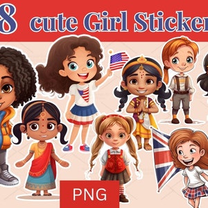 May include: A collection of 78 cute girl stickers. The stickers feature diverse cartoon girls in various outfits, including a girl holding an American flag and another with a British flag. The stickers are in PNG format.