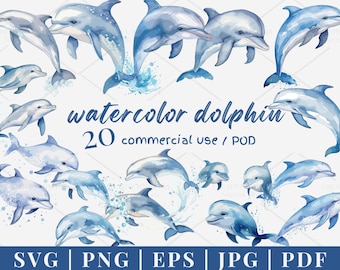 20 watercolor dolphin SVG, PNG, clipart vector graphics wall art, ornament, stickers, sublimation, instant download | 996