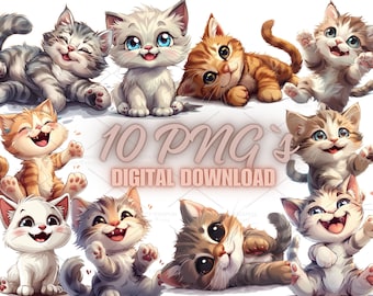 かわいい子猫のクリップアート | 遊び心のある漫画猫のPNGバンドル（デジタルダウンロード）