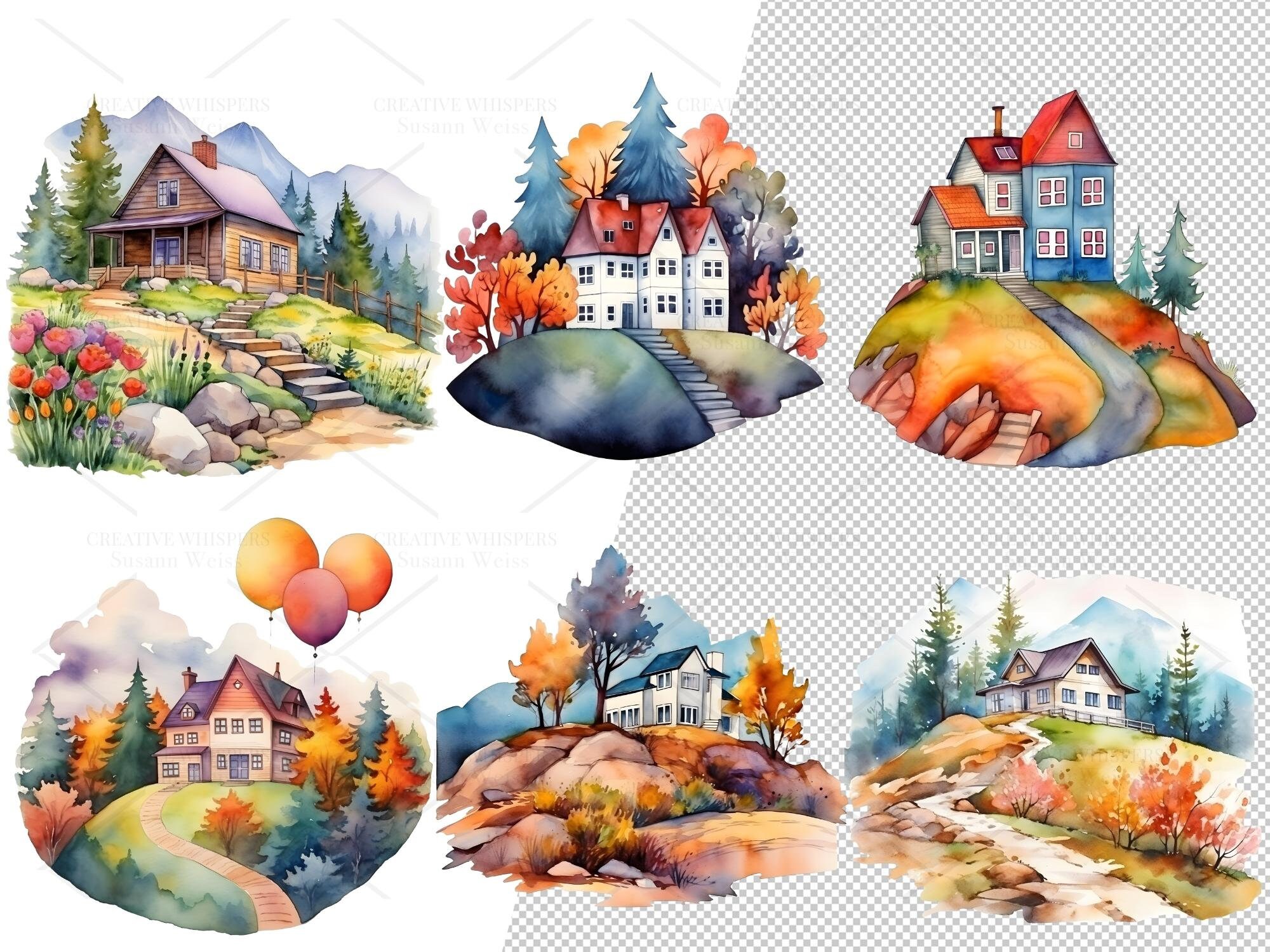 Watercolor House Clipart Bundle – 44 Cabin & Cottage PNG Files (digital ...