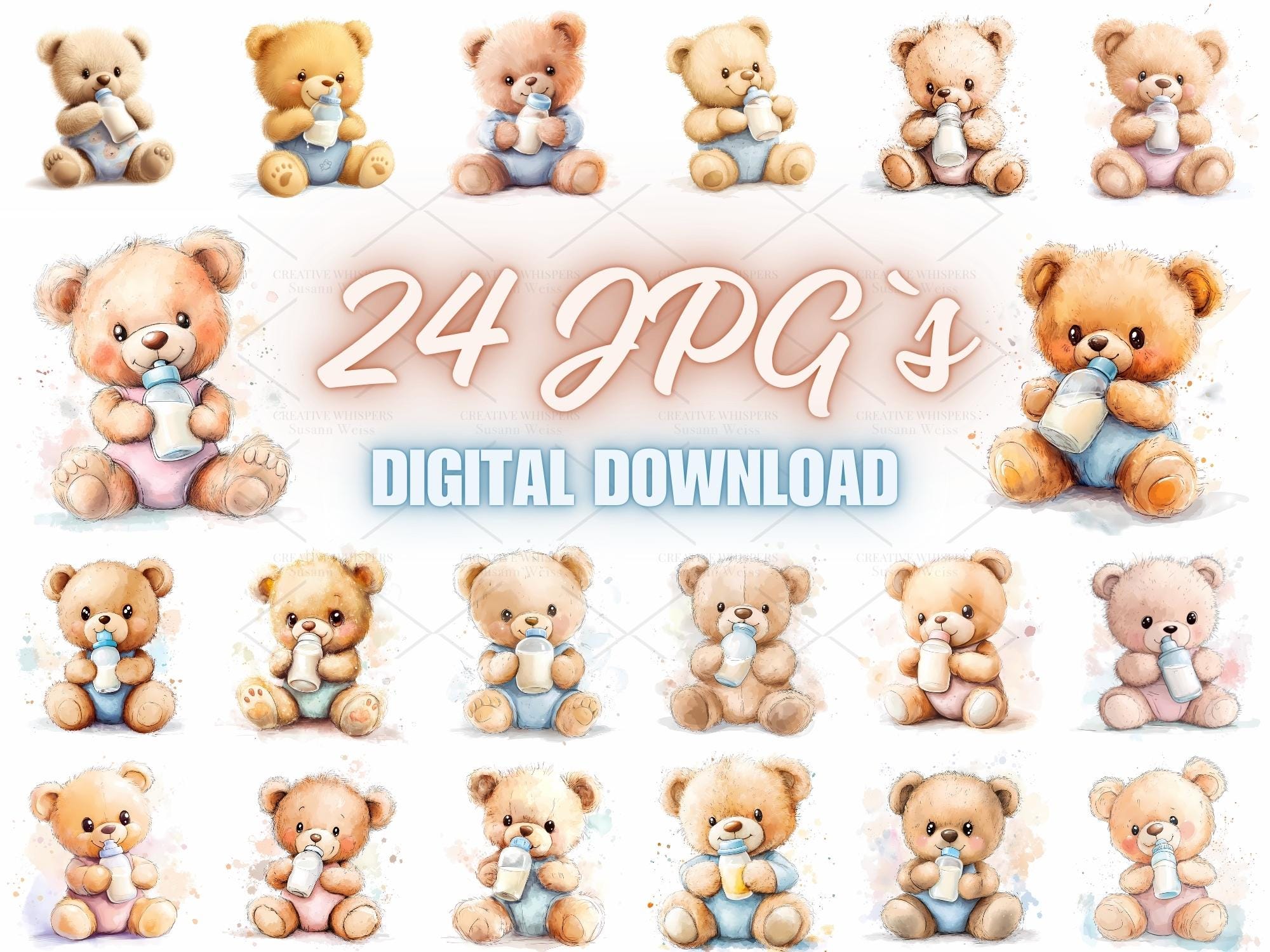 Teddy Bear Baby Bottle Illustration: Nursery Art Designs (digital