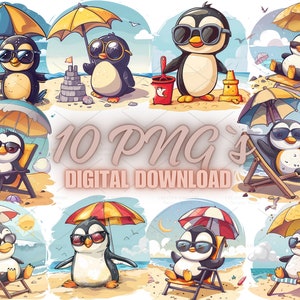 10 Cool Beach Penguin PNGs – Summer Cartoon Clipart of Penguins with Umbrellas & Sunglasses for Stickers, Crafts and Party Decor | 5S-4
