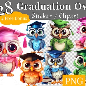 28 + 4 za darmo - Zestaw clipartów Graduation Owl - Urocze akademickie sowy z czapkami i książkami - Szkoła, dyplom, zestaw sublimacji PNG | 771