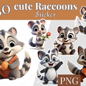 May include: 30 cute raccoon stickers in PNG format. The stickers feature cartoon raccoons in various poses, including holding a basketball, a rose, and sitting with their paws crossed.
